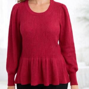 Ophelia Roe Women 2X Ribbed Peplum Sweater Bright Pink Puff Sleeve Feminine NWT